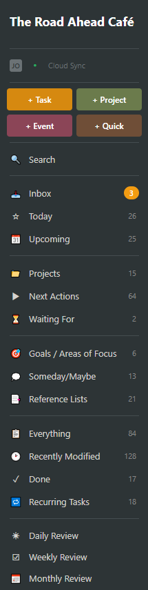 The Road Ahead Caf&eacute; sidebar showing GTD-aligned views: Inbox, Today, Upcoming, Projects, Next Actions, Waiting For, Goals / Areas of Focus, Someday/Maybe, Reference Lists, and Daily / Weekly / Monthly Reviews.